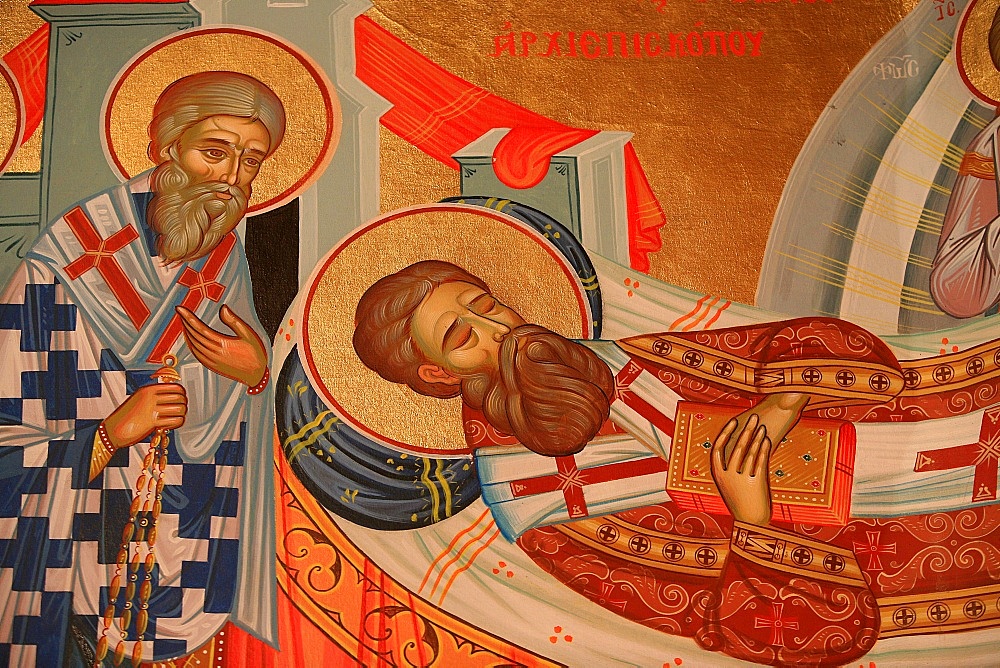 Greek Orthodox icon depicting St. Gregory Palamas's dormition (death), Thessaloniki, Macedonia, Greece, Europe