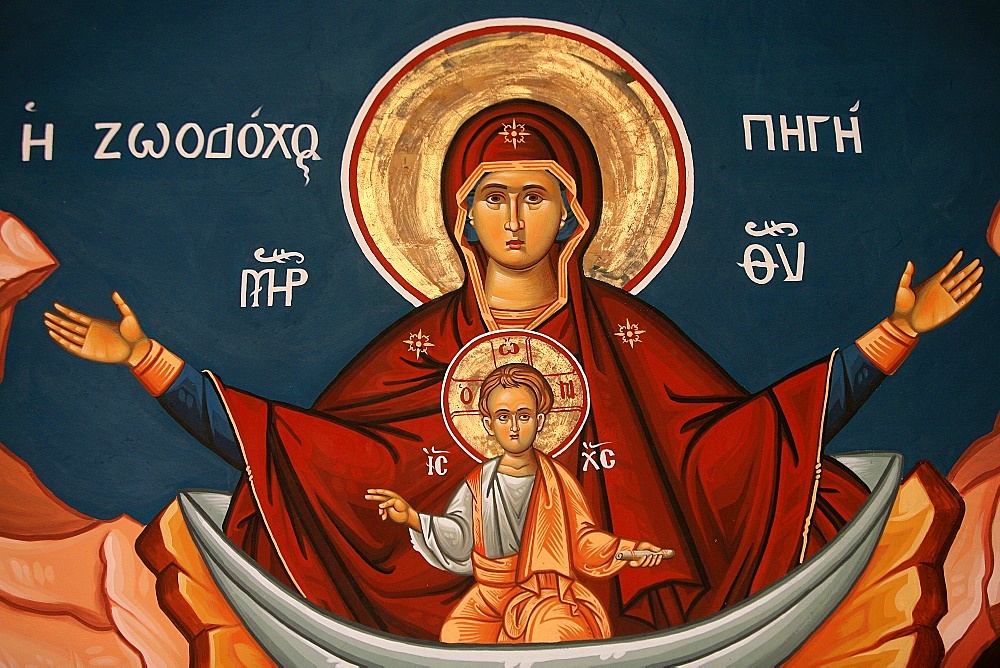 Greek Orthodox icon depicting Mary as a well of life, Thessalonica, Macedonia, Greece, Europe