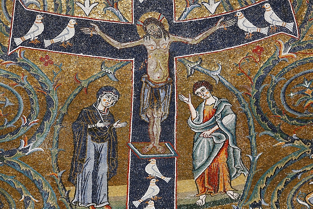 The 12th century fresco of Christ's triumph on the cross in San Clemente basilica, Rome, Lazio, Italy, Europe