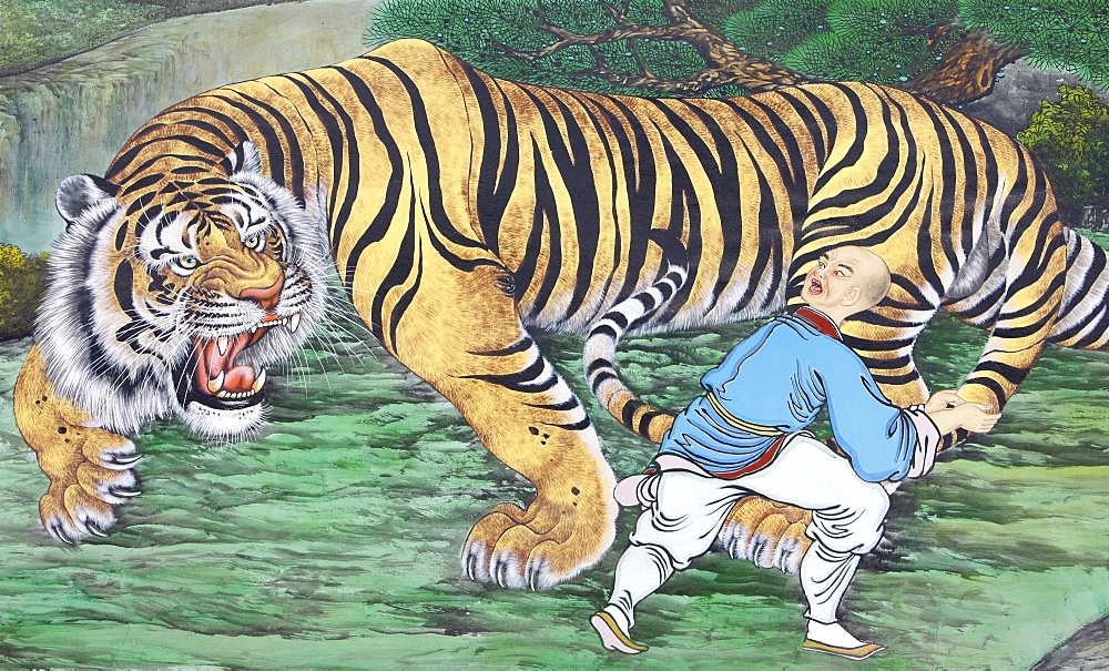 Zen koan painting depicting monk and tiger, Seoul, South Korea, Asia