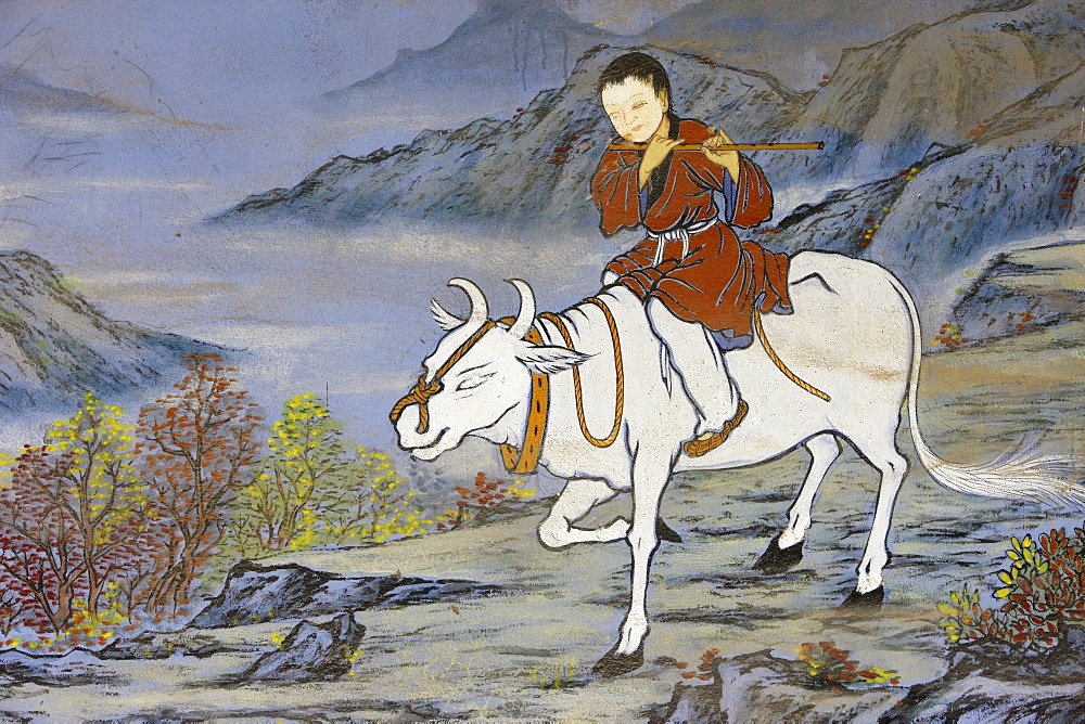 Painting of coming home on the Ox's back, from the ten Ox Herding Pictures of Zen Buddhism, representing the stages of enlightement, Seoul, South Korea, Asia