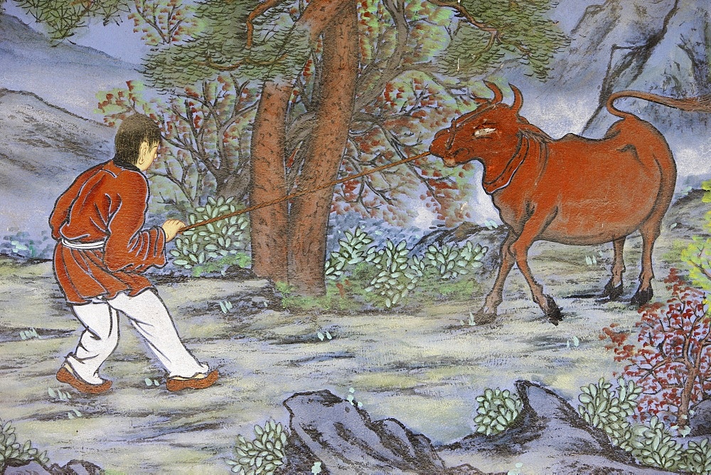 Painting of catching the Ox, from the ten Ox Herding Pictures of Zen Buddhism, representing the stages of enlightement, Seoul, South Korea, Asia