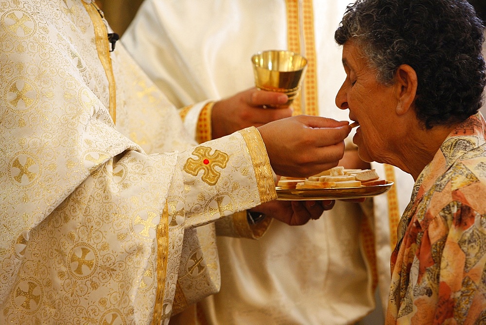 Eurcharist during Sunday Mass in Haifa Melkite Cathedral, Haifa, Israel, Middle East