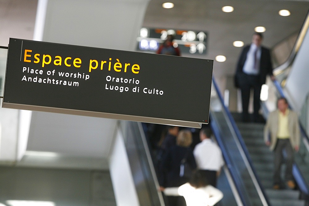 Airport prayer hall sign, Paris, France, Europe