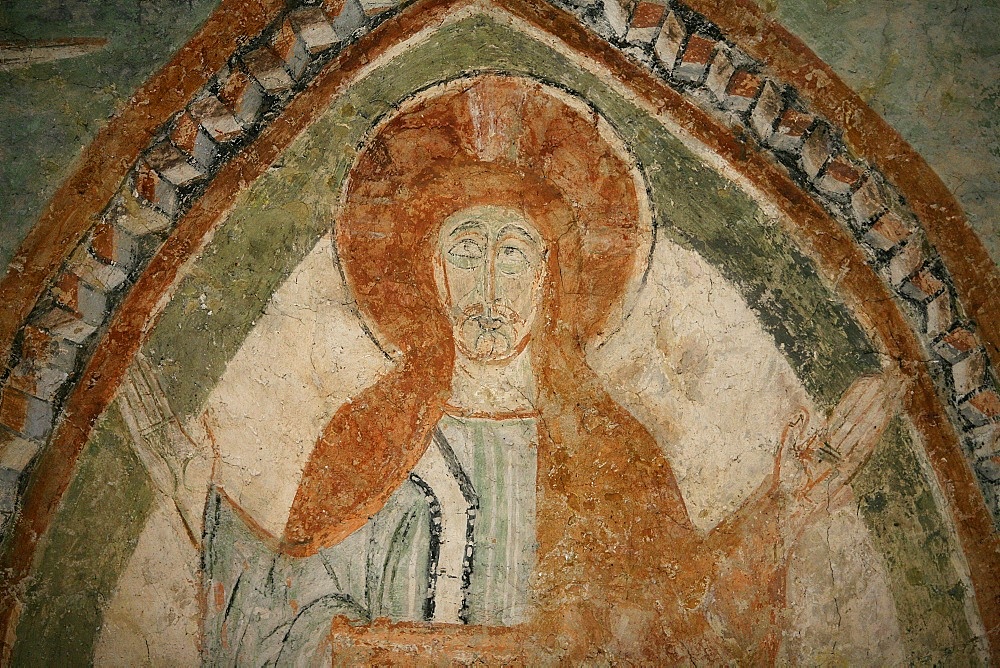 A 12th century Romanesque fresco depicting Jesus Christ, St. Chef Abbey church, Saint-Chef-en-Dauphine, Isere, France, Europe