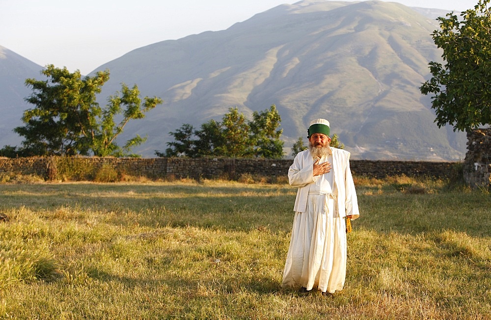 Baba Avdul in the garden of his tekke, Koshtan, Tepelene, Albania, Europe