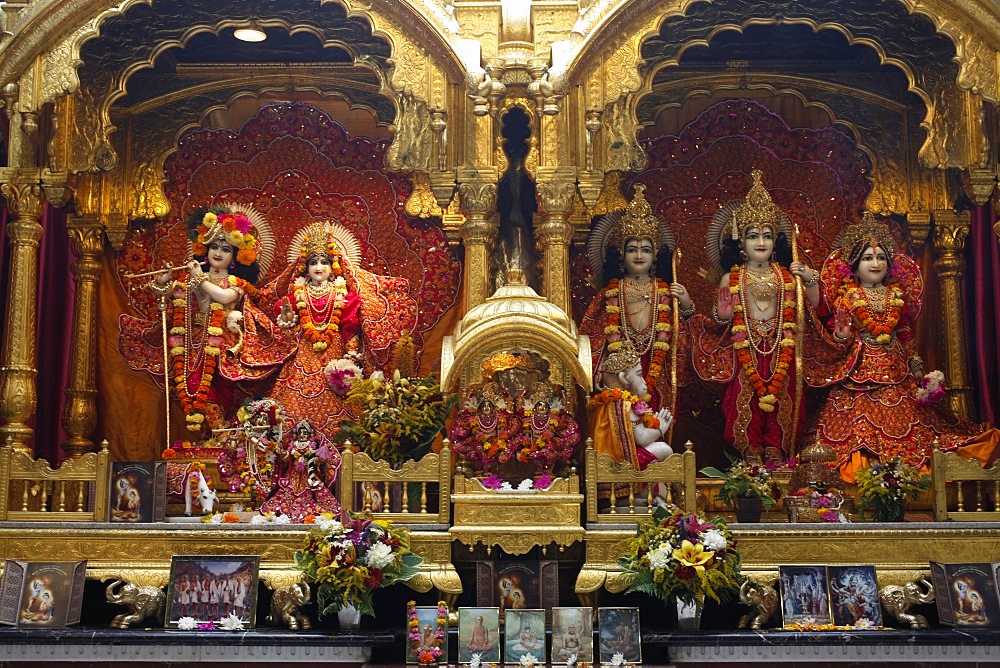 From left to right, statues of Krishna, Rada, Rama, with Hanuman in front, Sita and Laxmi, Bhaktivedanta Manor temple, Watford, Hertfordshire, England, United Kingdom, Europe