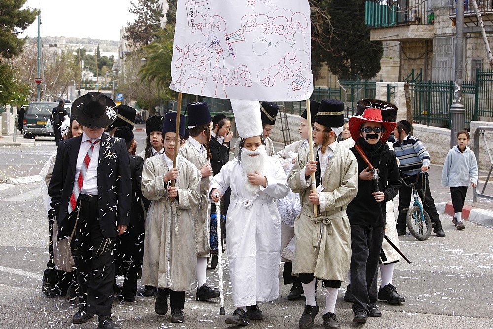 Children dressed for Purim holiday in Mea Shearim, Jewish Orthodox district, Jerusalem, Israel, Middle East