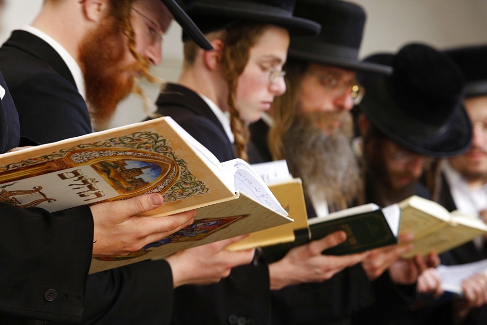 Orthodox Lelov Jews at the Synagogue in Hebron, religious site known to Jews and Muslims as the Tomb of the Patriarchs, Hebron, Palestinian Authority, Middle East