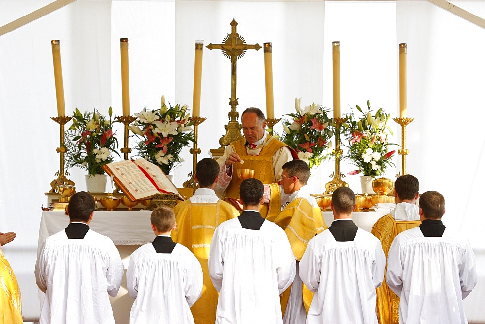 Mgr Bernard Fellay, head of Saint Pie X Fraternity, celebrating Mass during a traditional Catholic pilgrimage, Villepreux, Yvelines, France, Europe