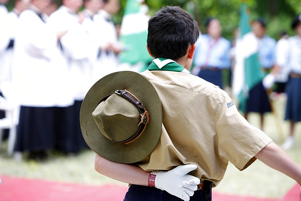 Boy scout at Catholic Mass, Villepreux, Yvelines, France, Europe