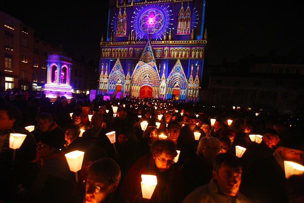 Light festival procession in Lyon, Rhone, France, Europe