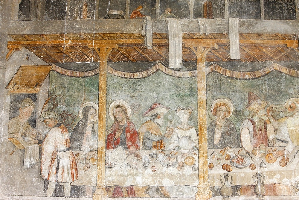 Fresco of the  Wedding at Cana, Abondance abbey church, Abondance, Haute Savoie, France, Europe