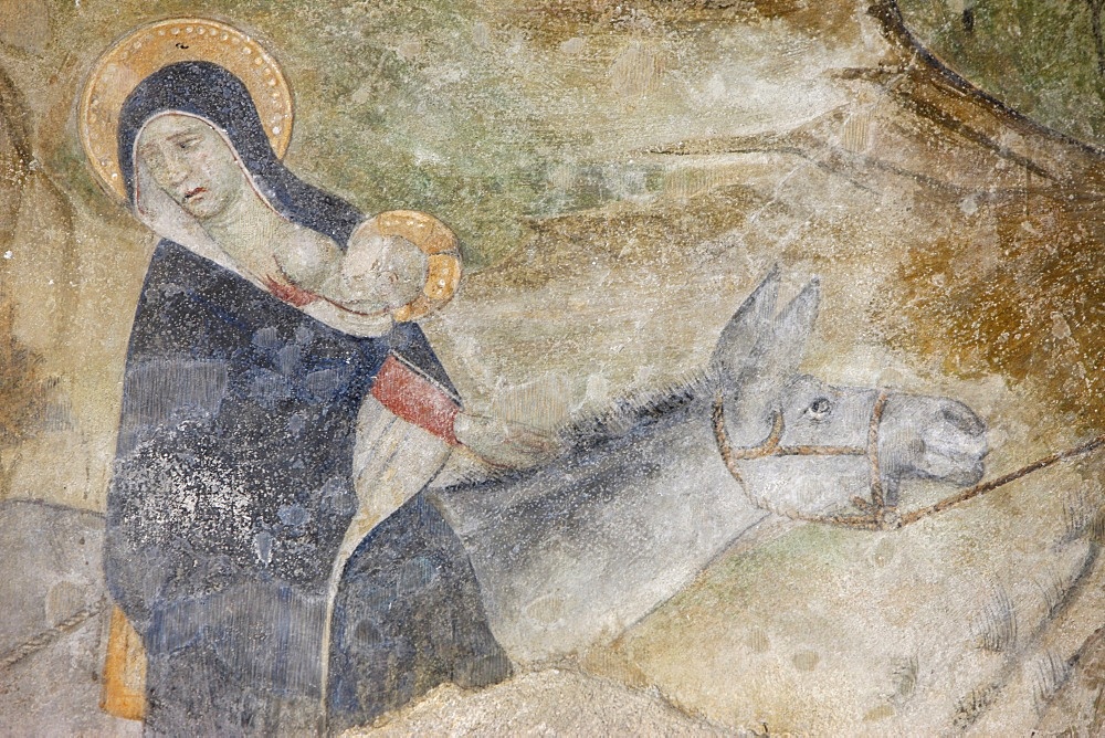 Flight into Egypt fresco, Abondance abbey church, Abondance, Haute Savoie, France, Europe