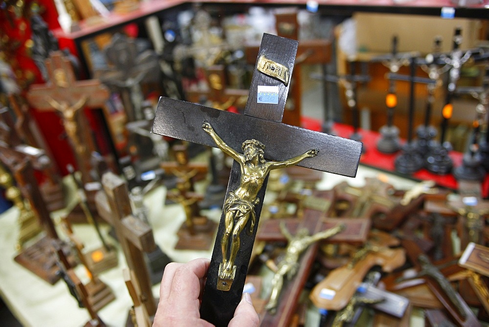 Religious objects sold at a flea market, Cluses, Haute Savoie, France, Europe