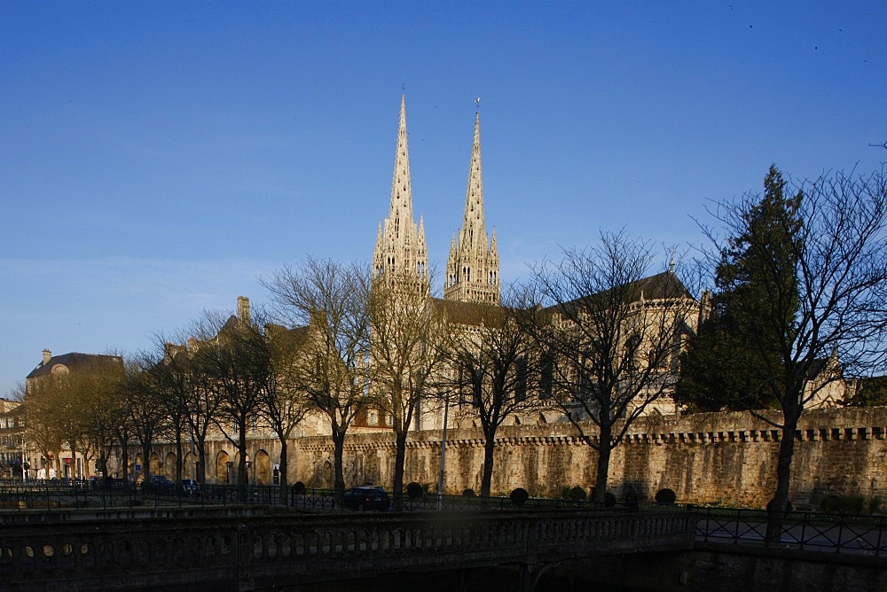 Saint-Corentin cathedral spires, Quimper, Finistere, Brittany, France, Europe