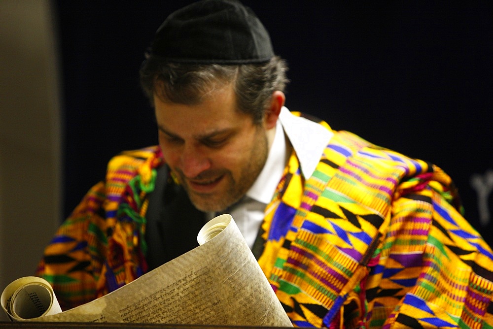 Book of Esther (Meguilah), Purim celebration in a Liberal synagogue, Paris, France, Europe