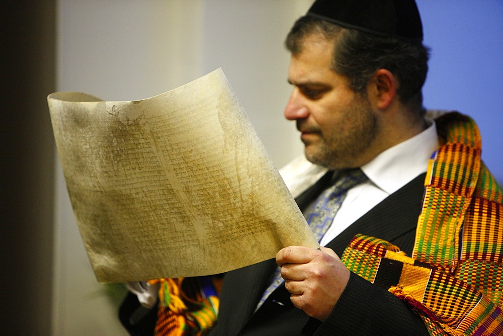 Book of Esther (Meguilah), Purim celebration in a Liberal synagogue, Paris, France, Europe