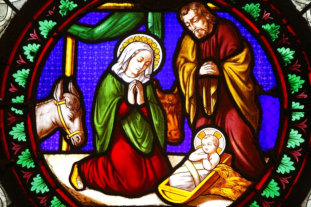 Stained glass of the Nativity in Ainay Basilica, Lyon, Rhone, France, Europe