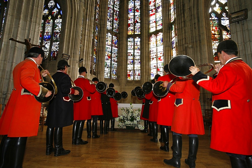 Sportsmen celebrating St. Hubert's day, Conches, Eure, France, Europe