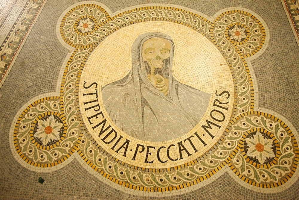 Mosaic of skull depicting Stipendium peccati mors (the wages of sin is death) in Fourvi?re basilica, Lyon, Rhone, France, Europe