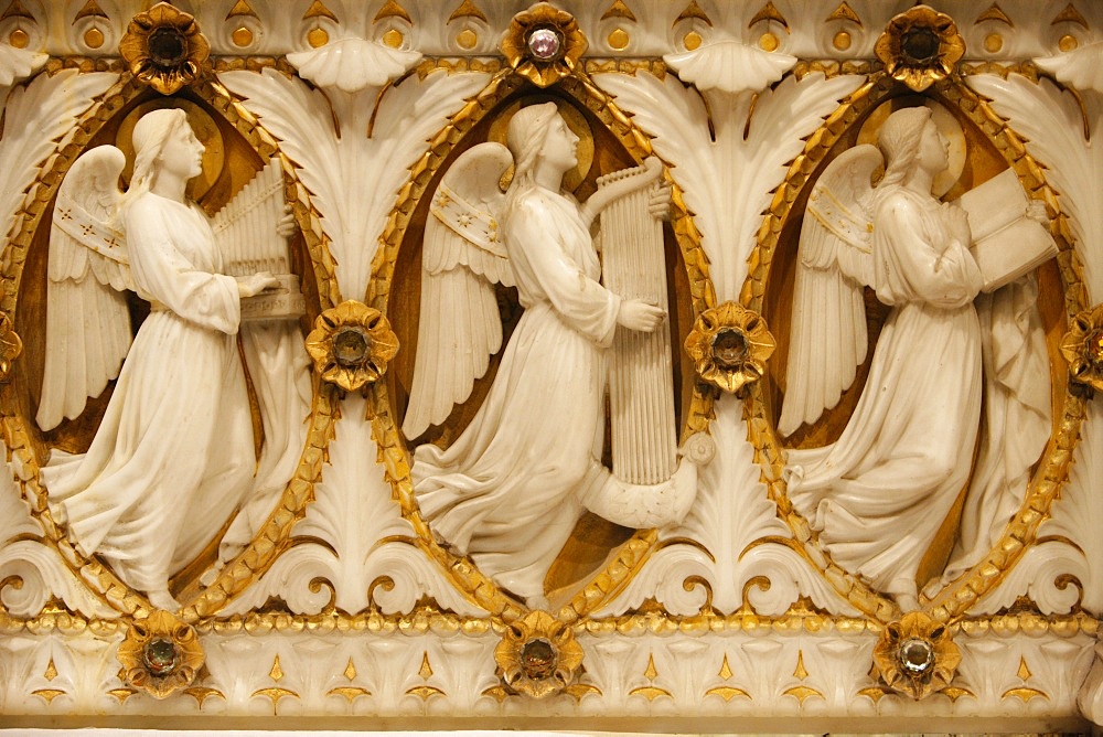 Musician angel sculpture on the altar in the crypt of Fourviere Basilica, Lyon, Rhone, France, Europe