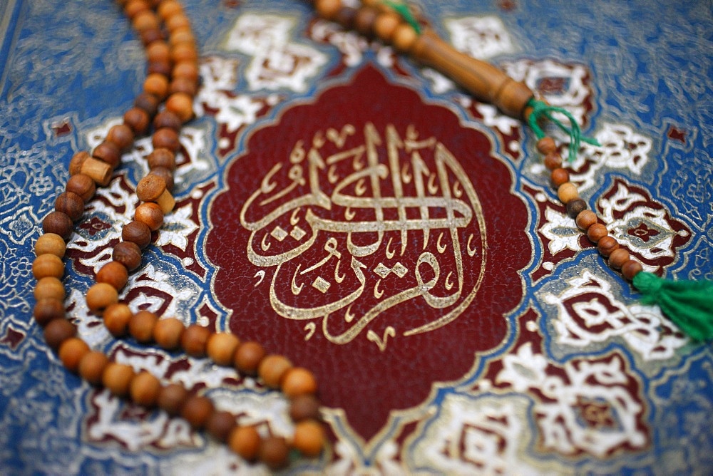 Koran cover and prayer beads, Lyon, Rhone, France, Europe