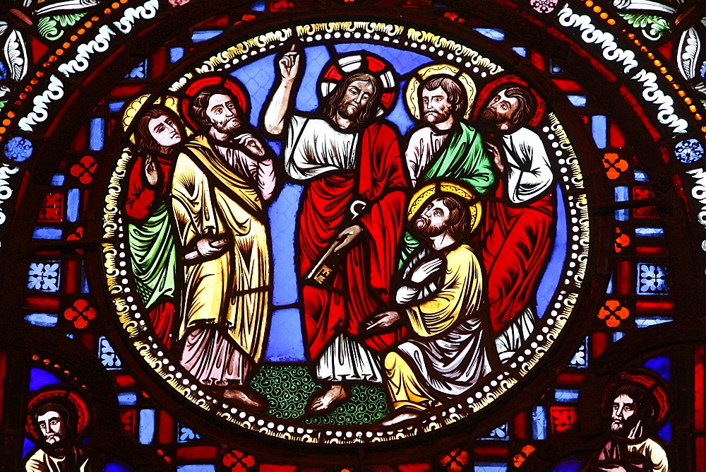 Stained glass in Ainay Basilica depicting Jesus giving keys to St. Peter, Lyon, Rhone, France, Europe