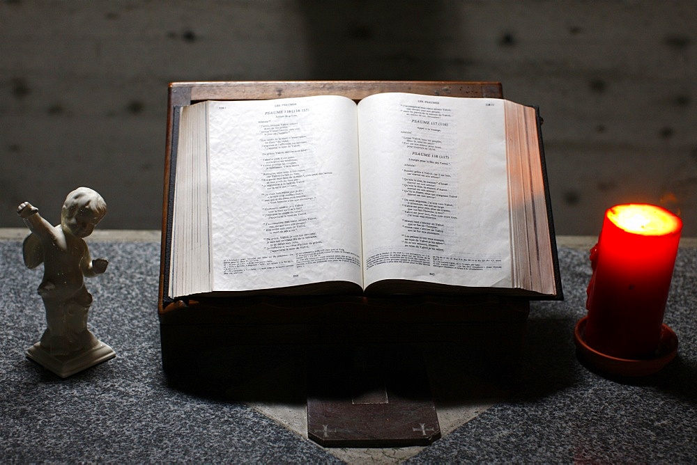 Bible, candle and angel statuette, Switzerland, Europe