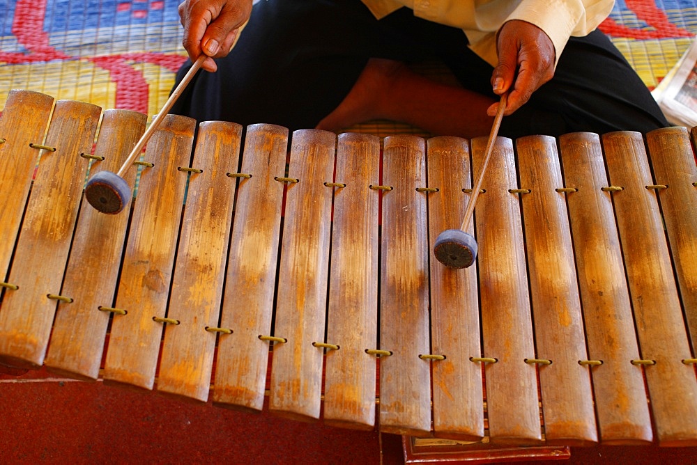 Gamelan instruments in a Cambodian pagoda, Siem Reap, Cambodia, Indochina, Southeast Asia, Asia