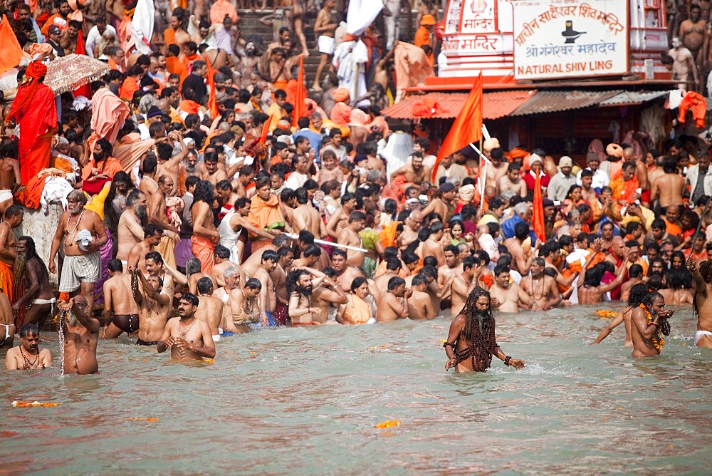 Sadhus at a royal bath (Sahi Snan) during Kumbh Mela in Haridwar, Uttar Pradesh, India, Asia