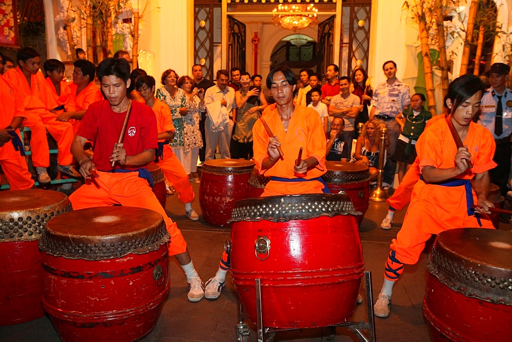 Drum and percussion music for the traditional Chinese New Year Lion Dance, Ho Chi Minh City, Vietnam, Indochina, Southeast Asia, Asia