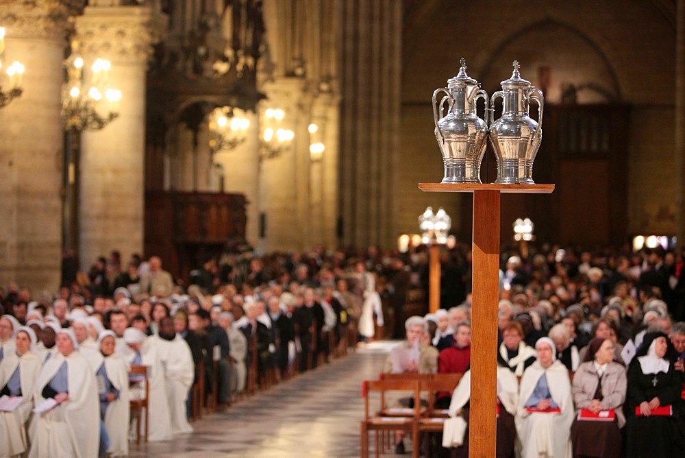 Easter Wednesday sacred oil consecration in Notre Dame Cathedral, Paris, France, Europe