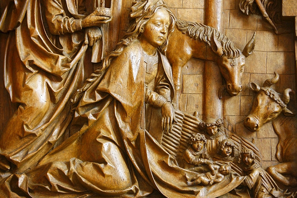 Detail of the Nativity on the carved altar, dating from 1509, Mauer bei Melk church, Lower Austria, Austria, Europe