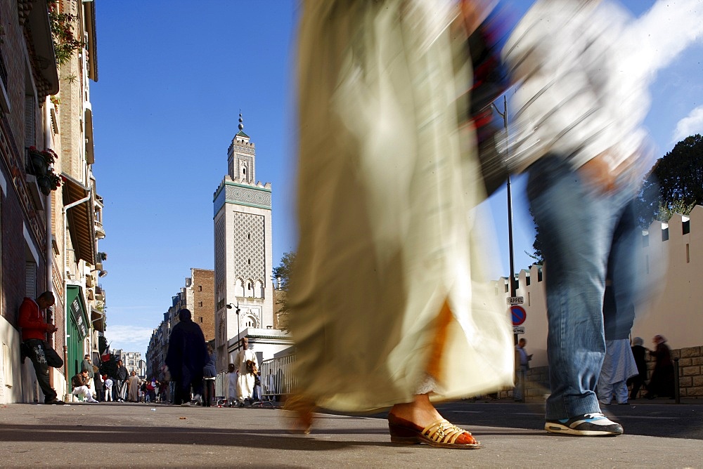 Muslims outside the Paris Great Mosque on Aid El-Fitr festival, Paris, France, Europe