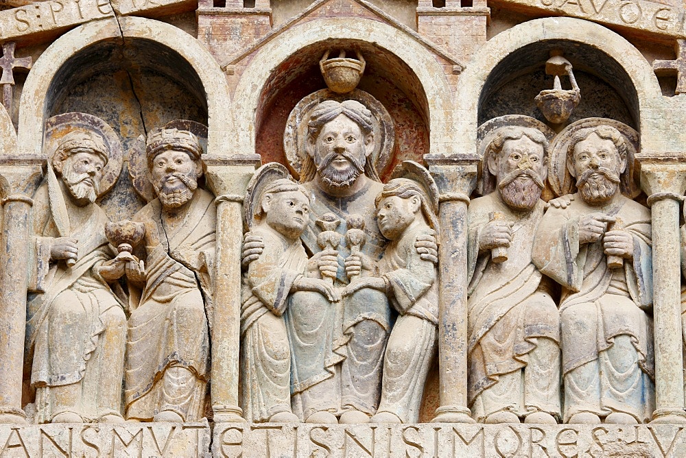 Tympanum showing Abraham, Sainte Foy Abbey church, Conques, Aveyron, Massif Central, France, Europe