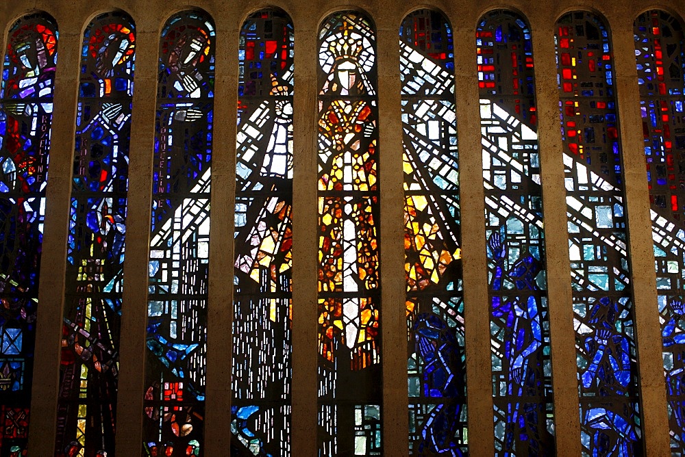 Stained glass showing Mary in the Notre-Dame de Consolation church, by Gabriel Loire, Hyeres, Var, Provence, France, Europe