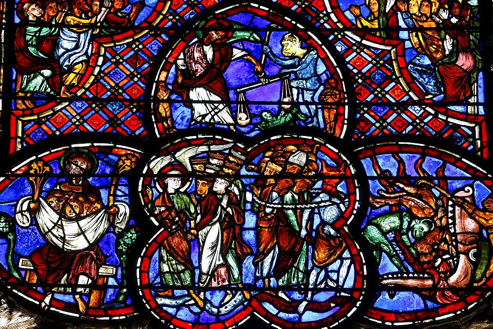 Stained glass of the Last Judgment in Bourges cathedral, Bourges, Cher, France, Europe