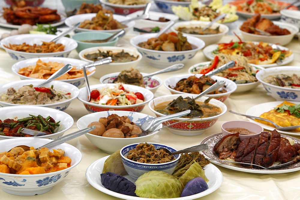 Thai food offered during a festival at Buddhapadipa temple, Wimbledon, London, England, United Kingdom, Europe