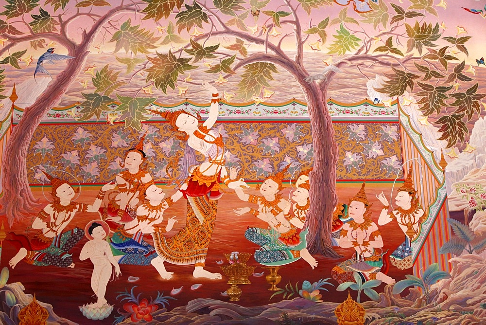 Detail of a mural painting in the Uposatha (shrine hall) of Buddhapadipa temple, Wimbledon, London, England, United Kingdom, Europe