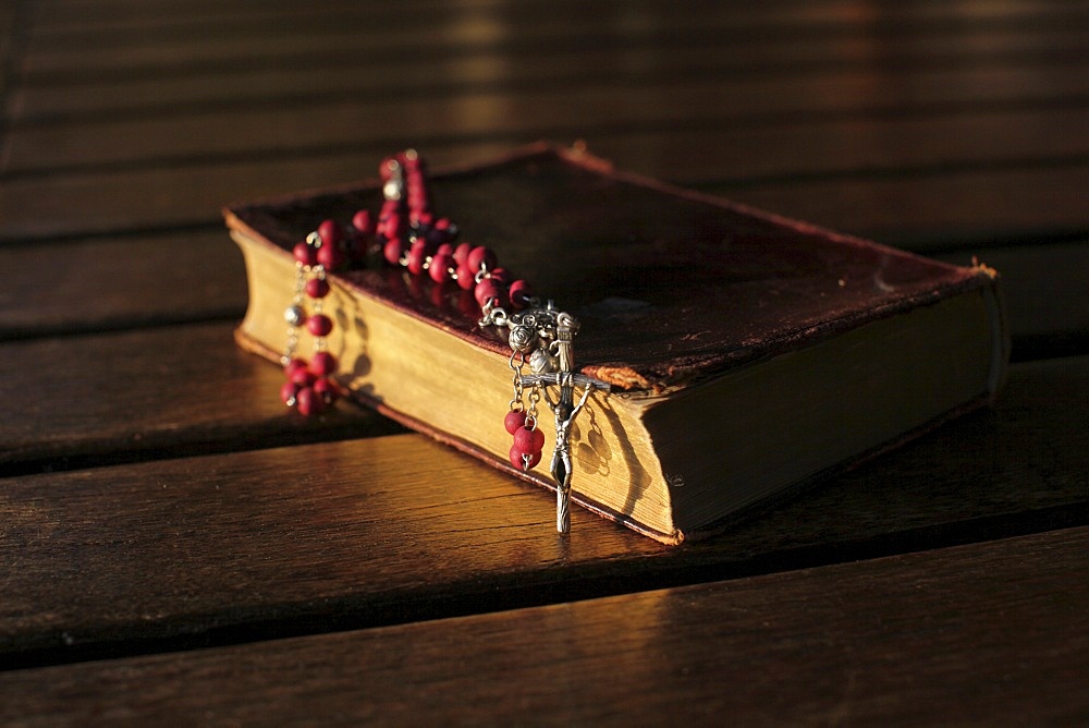 Old Bible and rosary, Madikwe, South Africa, Africa