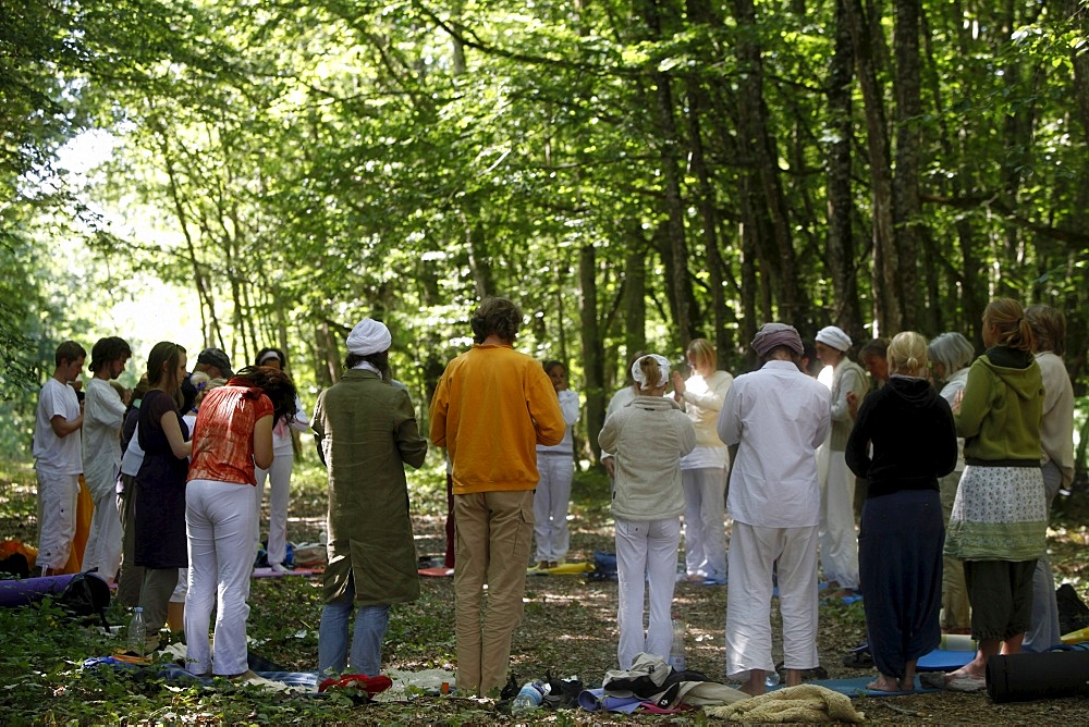 Forest meditation at Kundalini Yoga festival, Mur-de-Sologne, Loir-et-Cher, France, Europe