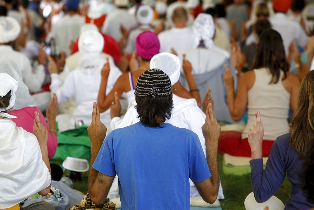 Group meditation at Kundalini Yoga festival, Mur-de-Sologne, Loir-et-Cher, France, Europe