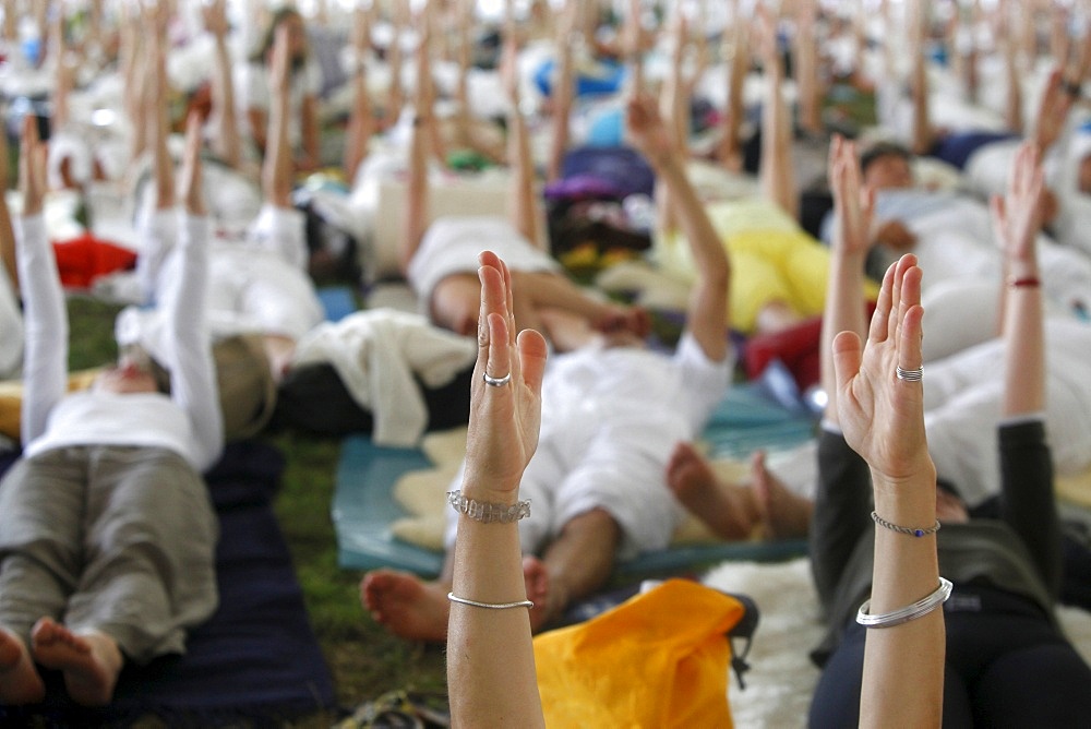 Group meditation at Kundalini Yoga festival, Mur-de-Sologne, Loir-et-Cher, France, Europe