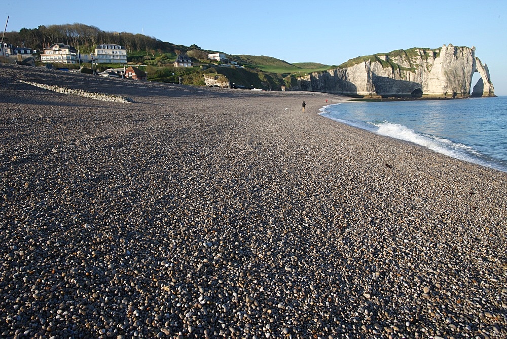 Beach and cliffs at Etretat, Cote d'Albatre, Seine-Maritime, Normandy, France, Europe