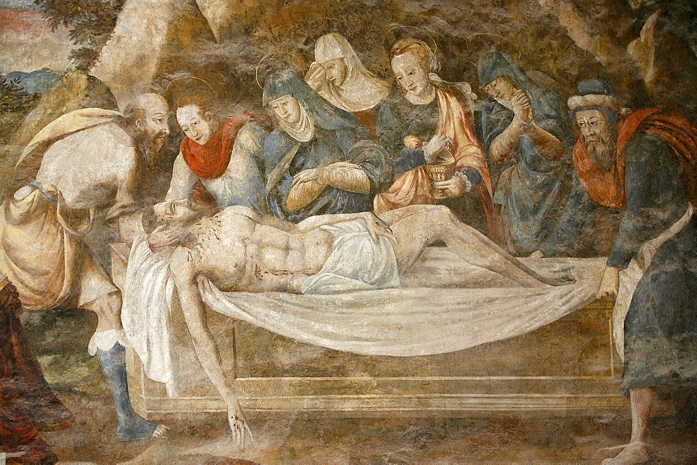 Detail of painting by Thomas Pot dating from 1563 of the Entombment, Chapter House, Fontevraud Abbey, Fontevraud, Maine-et-Loire, France, Europe