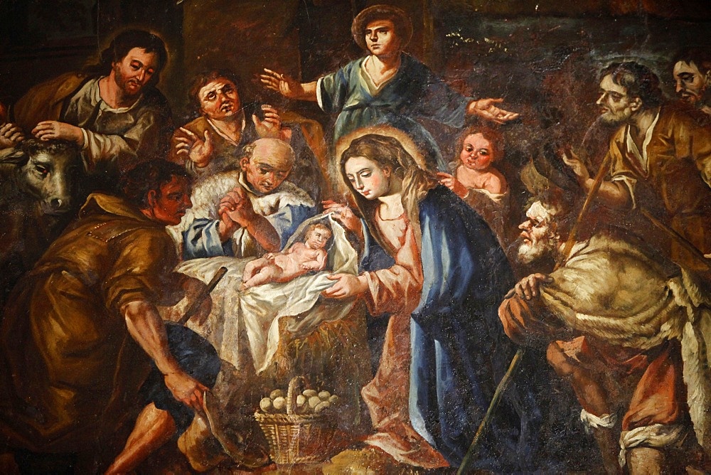 Nativity painting in Iglesia ex-conventual de Ntra. Sra del Carmen, Antequera, Andalucia, Spain, Europe