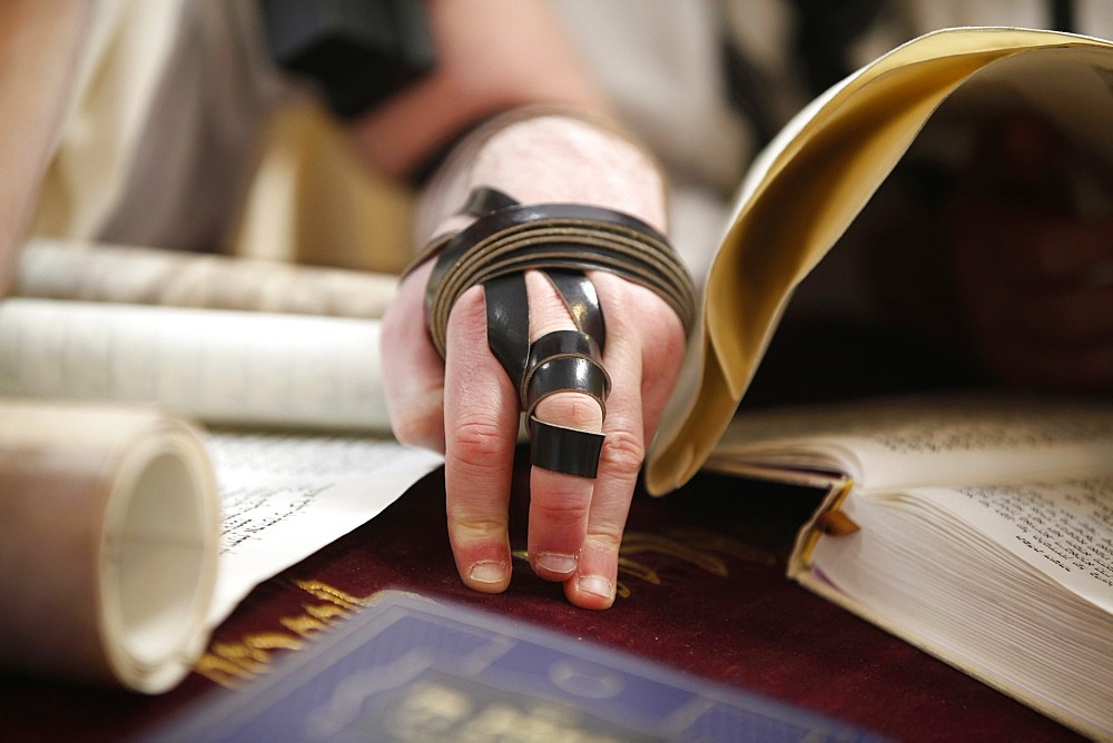 Reading the Book of Esther during Purim celebration in a synagogue, Montrouge, Hauts-de-Seine, France, Europe