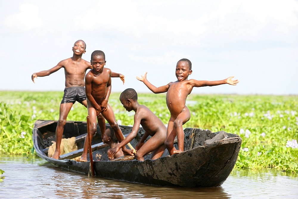 Boat near Ganvie lake village on Nokoue Lake, Benin, West Africa, Africa