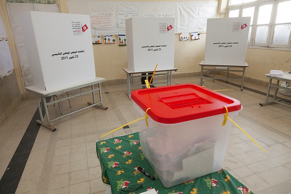 Polling box and booths for the election of the Constituent Assembly, Tunis, Tunisia, North Africa, Africa